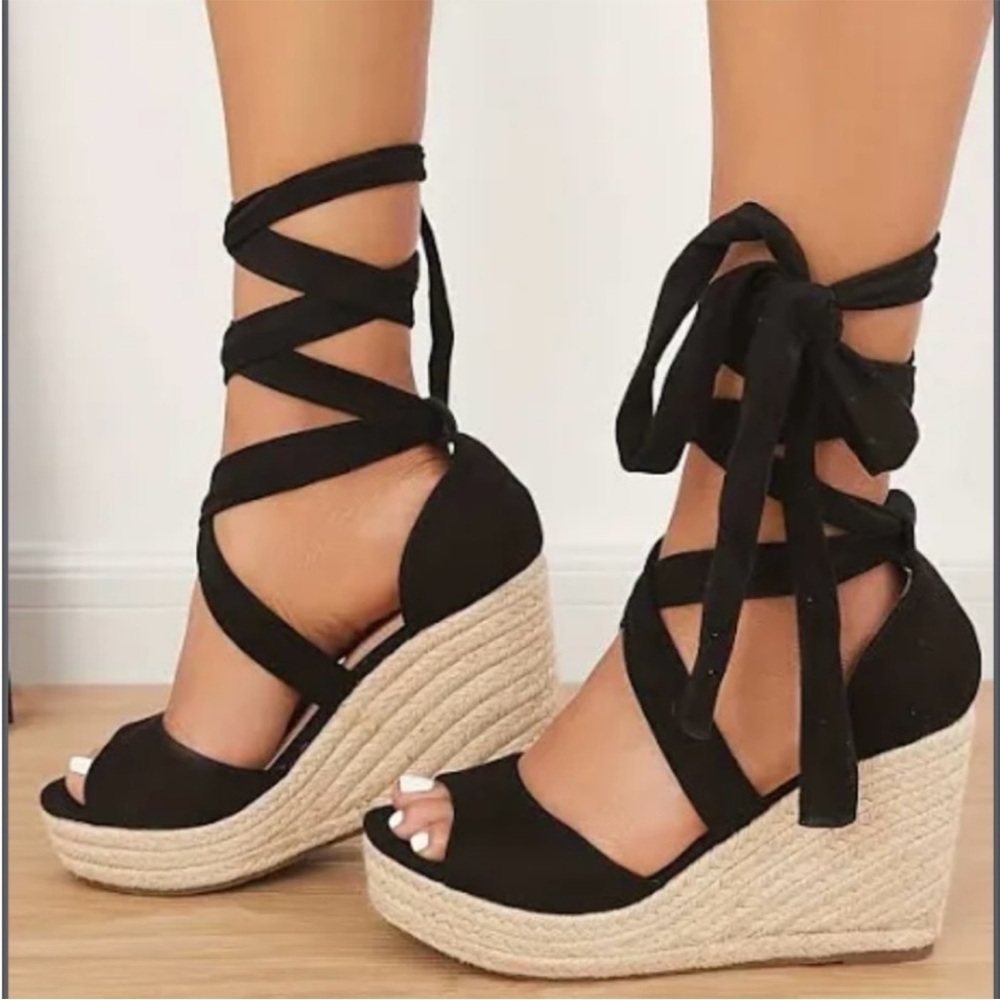 JustFab Isla Tie Up Espadrille Wedge, Size 8.5, Black
